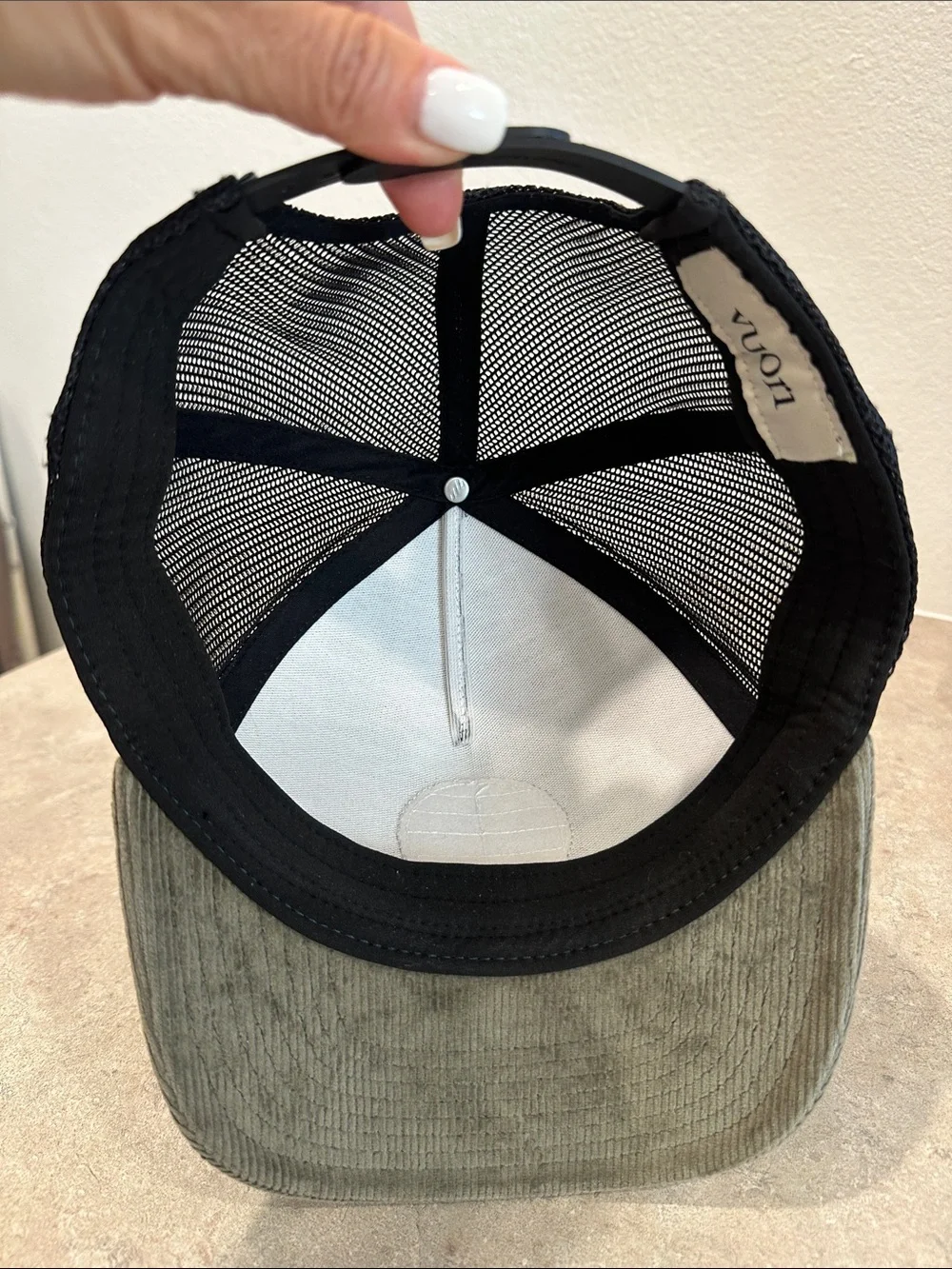 Vuori Olive Corduroy Patch Trucker Hat with Black Mesh